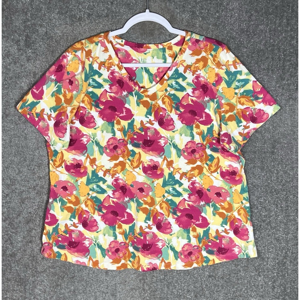 Denim & Co D&Co Top Womens Sz XL Pink Yellow Floral Stretch Short Sleeve V-Neck